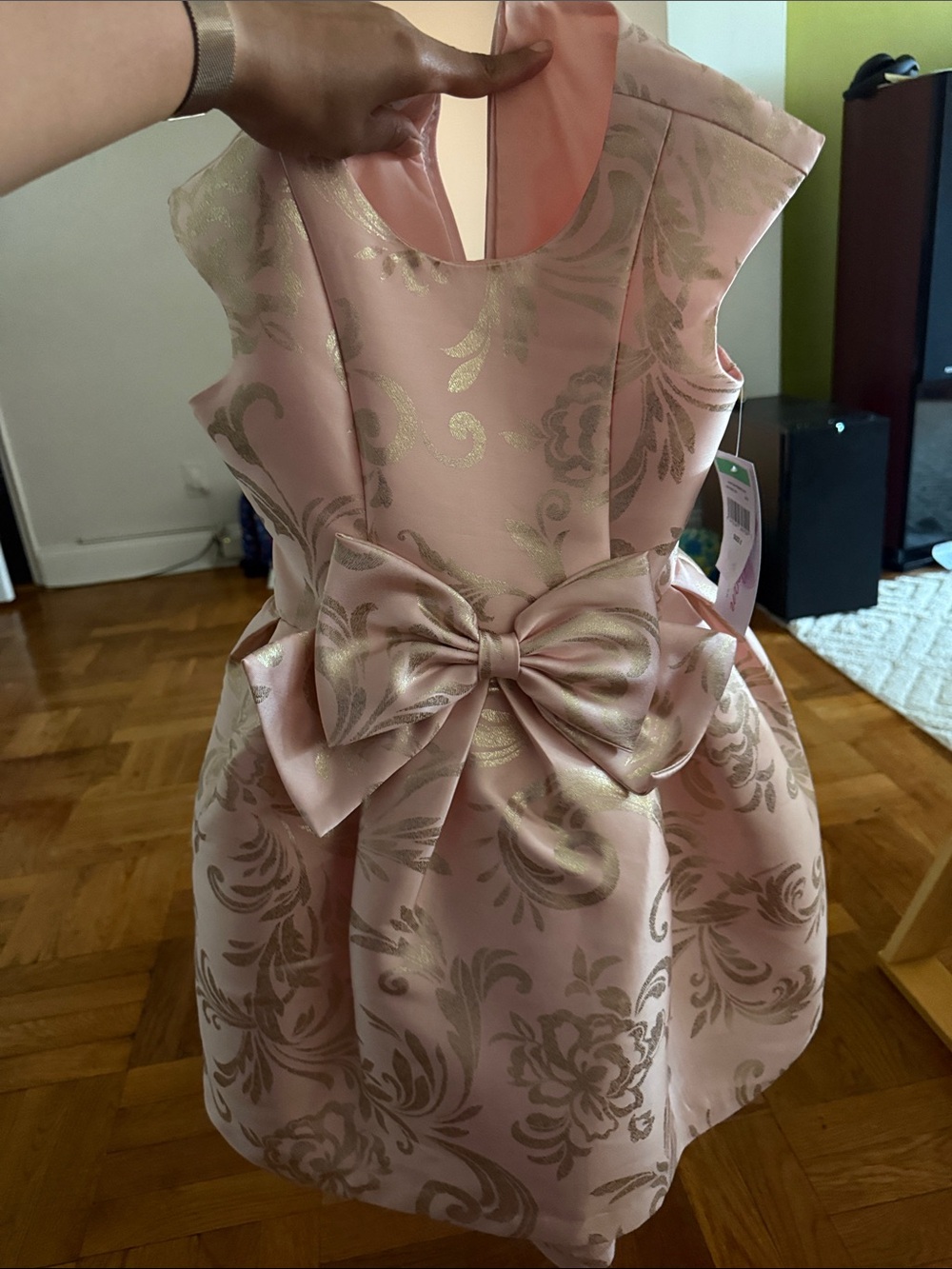 Bonnie Jean Pink & Gold Floral Jacquard Bow Dress